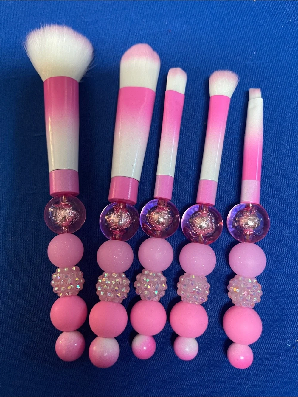 Hand Crafted Pink and White Beaded Makeup Brush Set